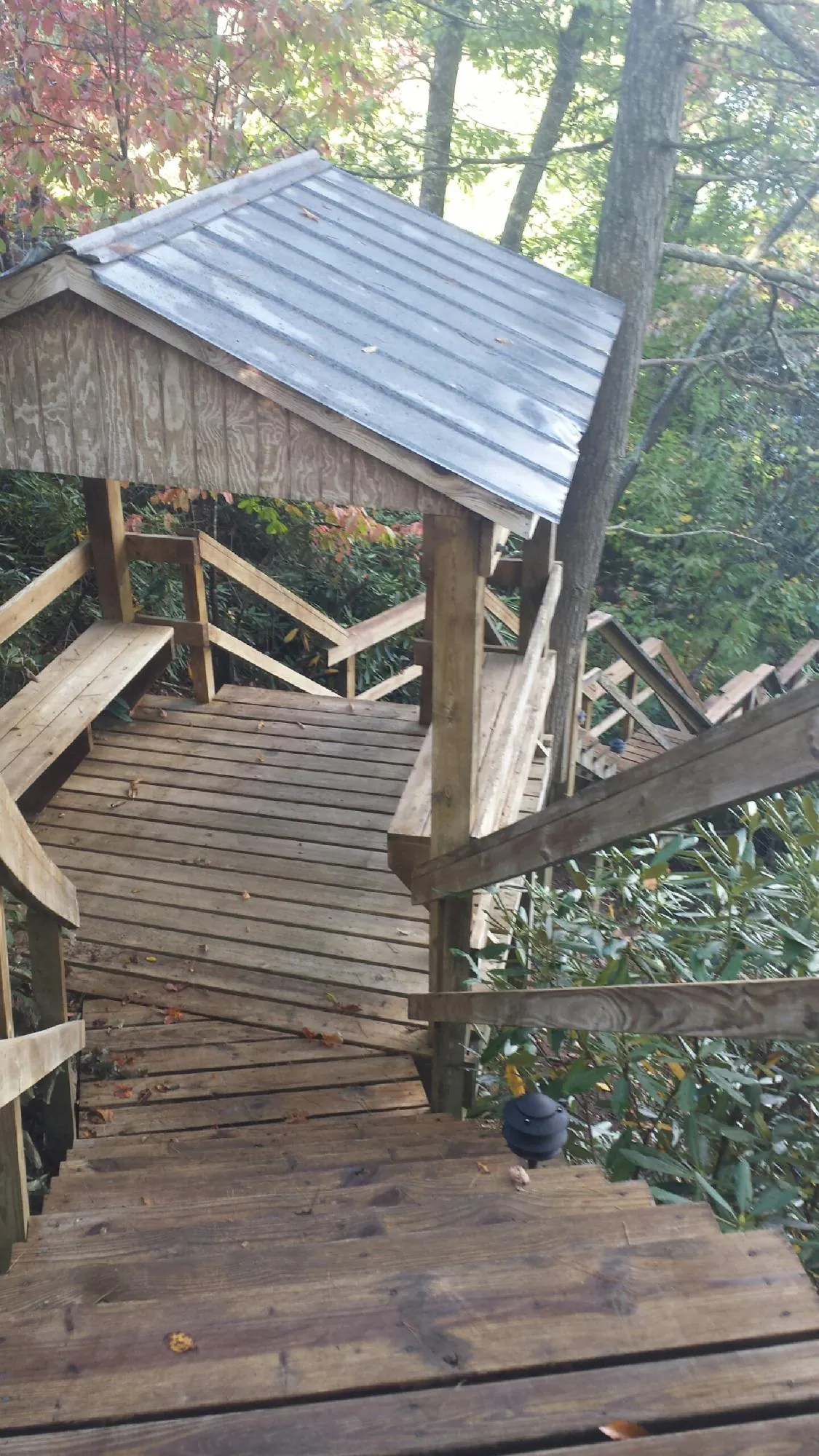 Metal roofed shelter over wooden steps on a wooded walkway — Skylight Repair & Installation work by our crew in Dawson Springs